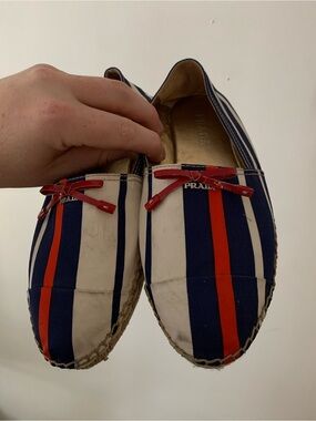 Prada Radzimir Espadrille Striped Logo Bow 36.5 Flats Navy Italy Cap Toe